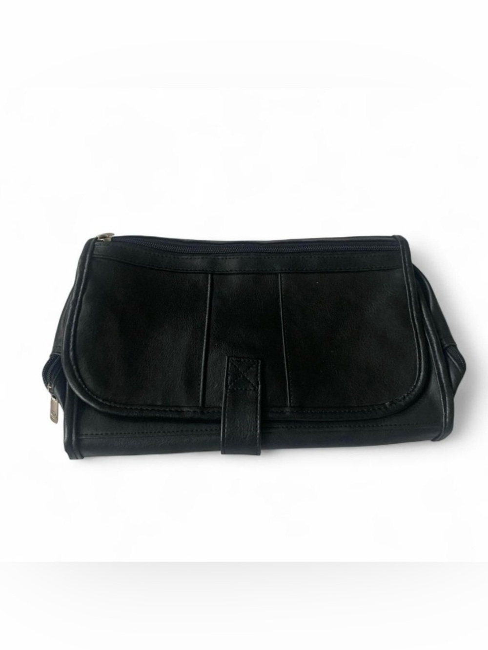 Brookwood hanging Black leather toiletry bag for travel minimalist 12x7